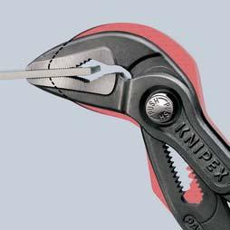 steel, forged, multi stage oil hardened 87 26 250 The adjustment action to adapt to the workpiece is easy and reliable with the KNIPEX Cobra VDE: place the upper gripping jaw of the opened pliers on