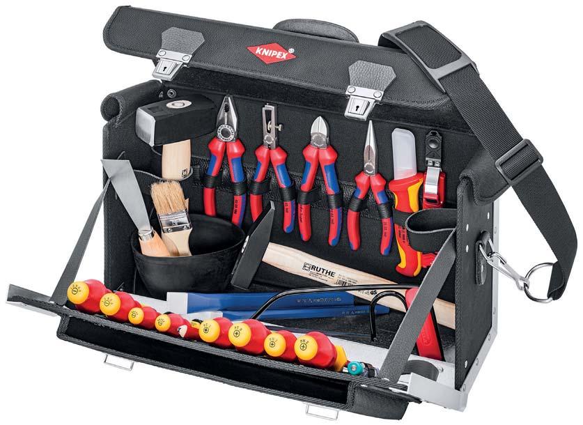 TOOL ASSORTMENT Tool Bag 24 parts apprentices tool bag for electrical contractors 00 21 > light design made of hard wearing, reinforced polyester fabric > front additionally reinforced with aluminium