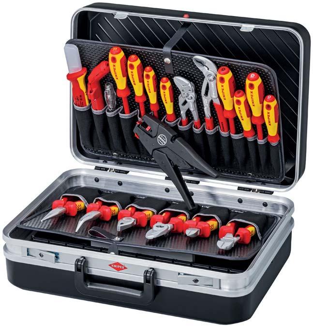 TOOL ASSORTMENT Tool Case Electric 20 parts 00 21 > heavy duty A S material, black > with circumferential double aluminium frame > register hinges working as lid holder > strong, ergonomic handle >