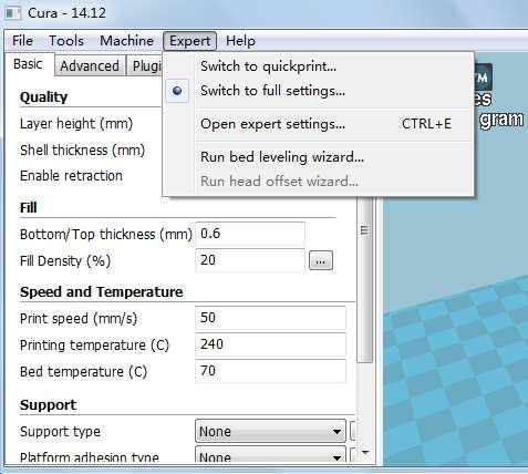 good results for most models. The first time Cura is launched it will default to the Quick Print interface. In order to have more control of your slicing and Gcode generation, switch to Full Settings.