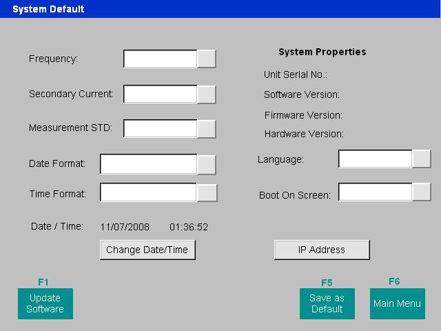 System Default: The default settings for MCT 1600 can be changed by accessing system default menu screen. This screen also provides the software and firmware version information along with serial no.