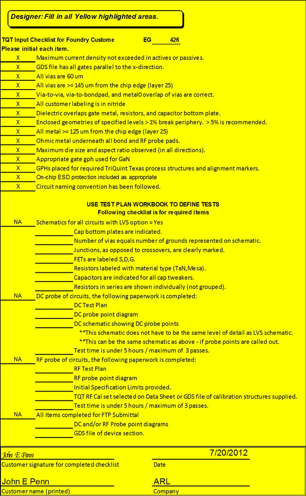 Designer: Fill in all Yellow highlighted areas. TQT Input Checklist for Foundry Custome Please initial each item. EG 426 --- Maximum current density not exceeded in actives or passives.