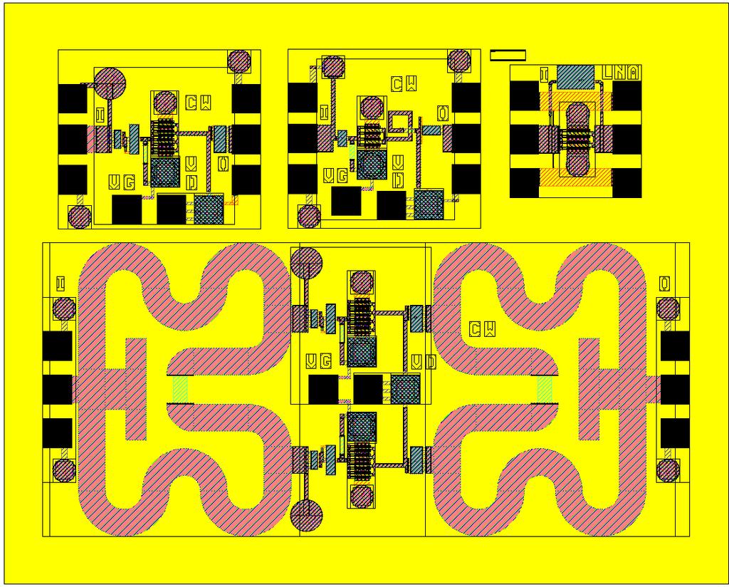 Figure 2. CKT2 30-GHz Harmonic two way combiner PA 2.5 mm x 2 mm. 3. Summary of Designs Following is a list of the amplifier designs in each die layout: CKT1 0.3-mm, 30-GHz PA; 0.