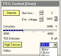 123 High tension setting The high tension setting is by clicking in the drop-down list box and selecting the required setting (a range of fixed settings, normally comprising 80, 120, 150, 200, 250