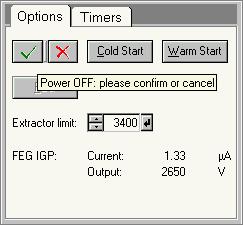 F30 instruments. Power The Power button switches power to the FEG on or off. When Power is on, pressing the button requires confirmation before the power is switched off.