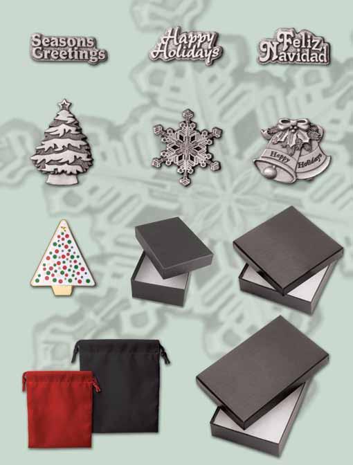 Holiday Lapel Pins Choose from our stock enamel and stock pewter lapel pins. Always shipped from our inventory. Styles may be mixed for quantity pricing.