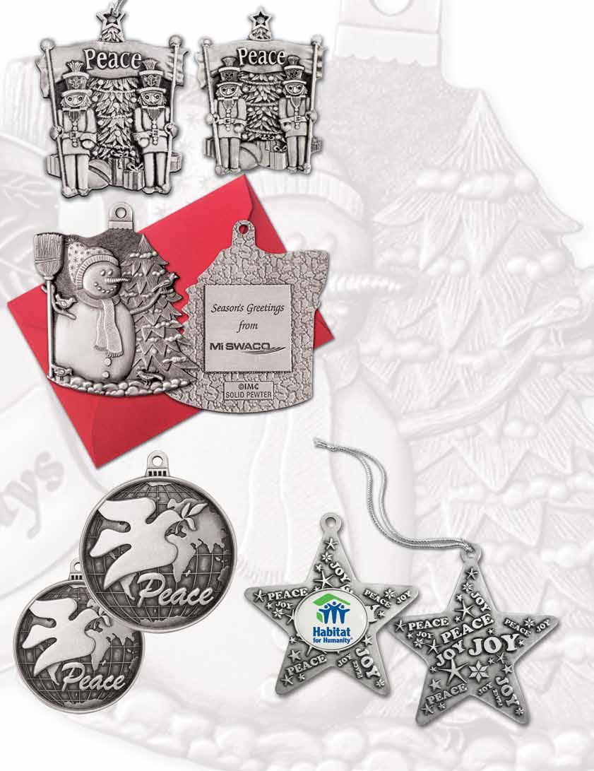OR2STK47 OR2MIN47 Stock Design Pewter Ornaments No Tooling, Mold or Art charges for reverse side imprint Includes Silver Tinsel Cord & Red Envelope Cast imprint 5 to 10 days shipping Laser imprint 3