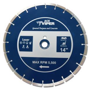 ACE VIPER - HOT PRESSED TURBO STONE DIAMOND BLADES For hard aggregates, stone, granite, marble and engineering bricks. Smooth cutting with good stock removal. Wet cutting Recommended.