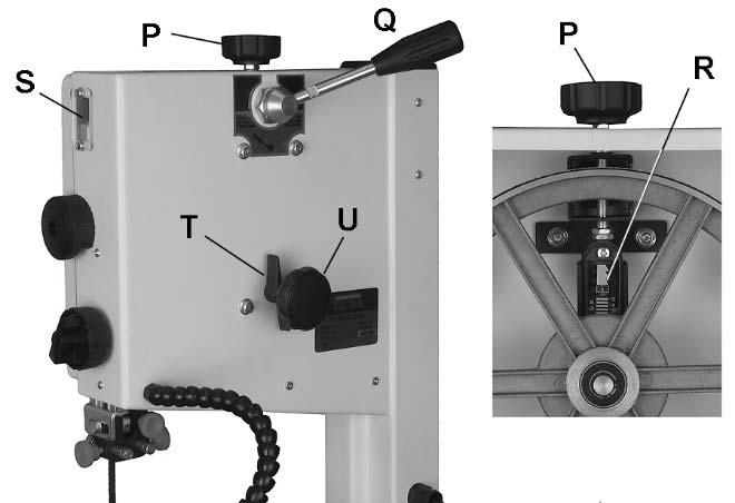 9.4 Adjusting blade tension Refer to Figure 12: The blade tension knob (P) is used to adjust blade tension.