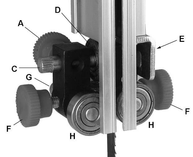 There are two blade guide assemblies an upper assembly (Figure 14) and lower assembly (Figure 15). Adjustments are performed in the same manner for each assembly.