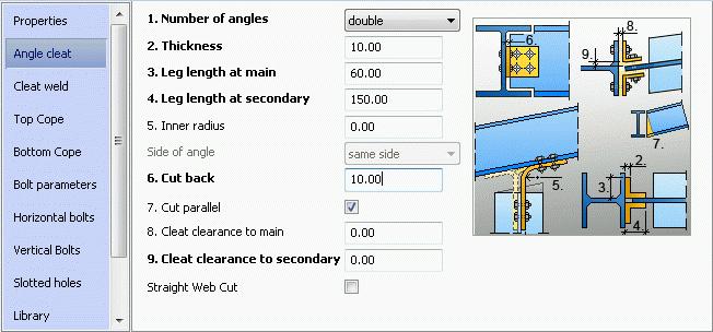 On the Angle cleat tab: Select 7. Cut parallel option to cut the secondary beam parallel with the main beam section. Select the number of angles: double. Define the thickness of the angles: 10.