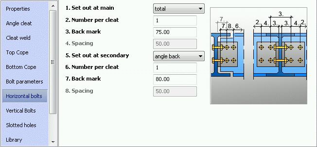 Figure 187: Properties dialog box Angle cleat tab On the Horizontal bolts tab, define the number of bolt lines connecting the clip angle to the beam and their position: From the Set out at main