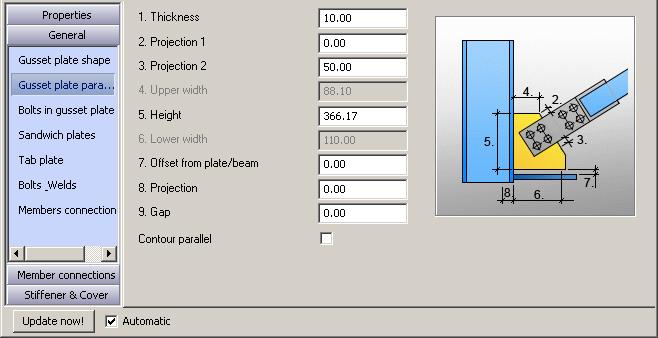 Modifying the properties In the properties dialog box, select the General category and define the following settings: On the Gusset plate shape tab: From the Shape at column drop-down list, select