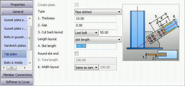 Figure 225: Properties dialog box Gusset plate shape tab On the Gusset plate contour tab: From the Corner type drop-down list, select Corner finish.
