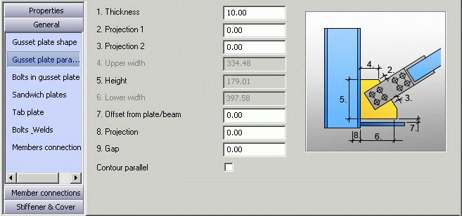 In the properties dialog box, select the General category and define the following settings: On the Gusset plate parameter tab: Define the gusset plate thickness: 10.