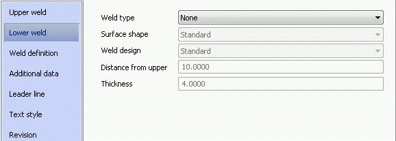 In the weld symbol properties dialog box, define the following settings: On the Upper weld