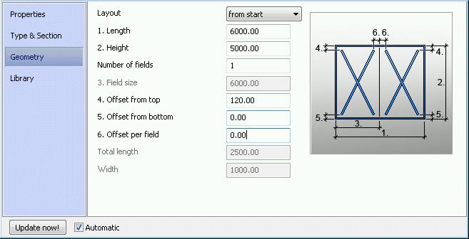 Modifying cross bracing properties In the structural element properties dialog box, define the following settings: On the Type & Section tab: Select the bracing type: Crossed.