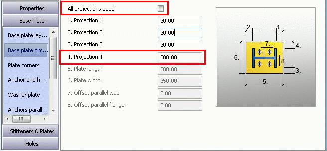 3. In the properties dialog box, select the Base plate category and define the following settings: On the Base plate layout tab: Define the plate thickness: 20.