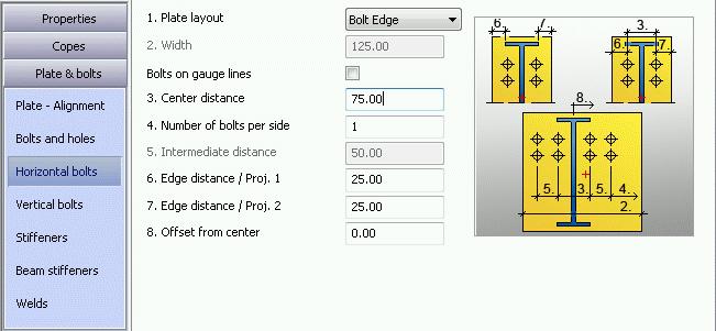 Modifying single side end plate properties In the properties dialog box, select the Plate & bolts category and define the following