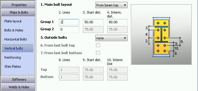 On the Vertical bolts tab define the number of bolt lines and the distances between bolts: Define the layout distance: 0.