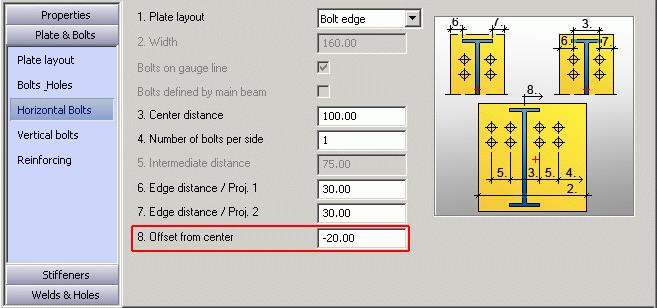Note: In the moment end plate properties dialog box, on the Horizontal bolts tab, change the offset from center to -20.