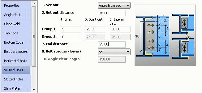 On the Horizontal bolts tab, define the number of bolt lines connecting the clip angle to the beam and their position: Define the back mark at the secondary beam: 45. In the 6.