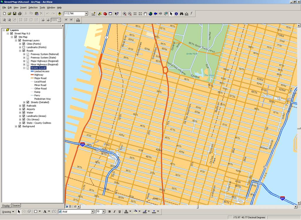 The map contains a group layer named StreetMap 9.0. This layer provides different levels of detail at different map scales.