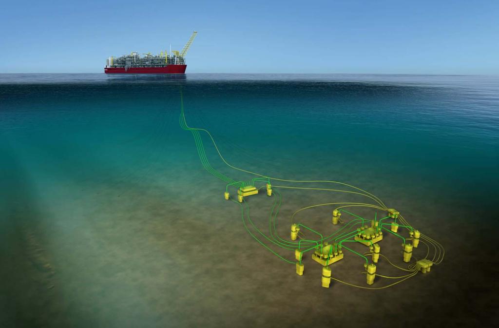 Prelude FLNG Subsea scope 4 x 12 ID Flexible Risers 4 x 4 anchor chains + wire lines Single Riser Base Manifold w/ Fail Close