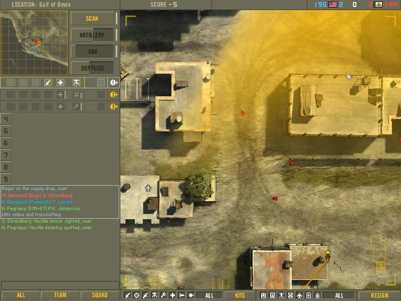 UAV: The UAV (unmanned air vehicle) scans the local area and when enemy troops are present they show up as red dots.