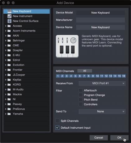 5 Studio One Artist Quick Start 5.2 Setting Up Studio One 2. From the menu on the left, select your MIDI controller from the list of manufacturers and models.