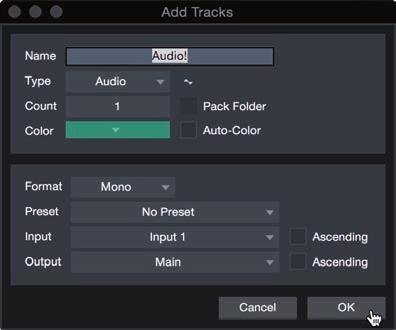 To begin recording, create an audio track from the Add Tracks window, set its input to Input 1 on your Studio 192-series interface, and connect a microphone to the same