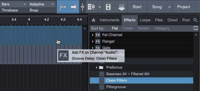 The Browse button opens the browser, which displays all of the available virtual instruments, plug-in effects, audio files, and MIDI files, as well as the pool of audio files loaded into the current