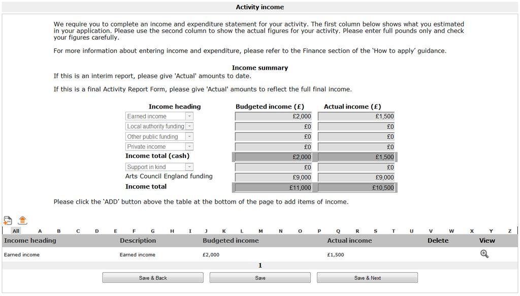 The next screen is the Activity income screen. This screen will pull through the budgeted income figures you entered on your original application form.