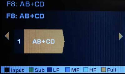 F8 Channels A and B parallel, bridged with channels C and D parallel Suitable for a high-power 4 8Ω (or higher) full-range loudspeaker load. Use Input 1. F9 Channels A, B, C, and D parallel.