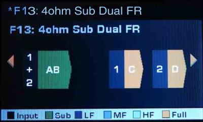 Factory Preset Display Description F13 Channels A and B parallel for 4Ω subwoofer; channels C and D separate full range This is similar to F2, with these additions: Channels A and B are parallel,