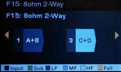 F14 Channels A and B bridged, full range; channels C and D bridged, full range F15 Single bi-amp mode: Channels A and B bridged for 4 8Ω LF; channels C and D bridged for 4 8Ω HF This is similar to