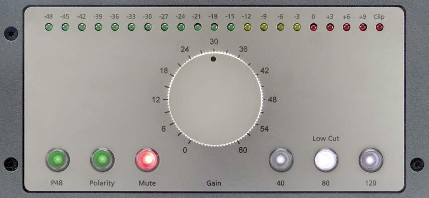 Operating Controls Front-panel features of the VSR 5 with phantom powering enabled and a microphone connected, normal polarity, outputs muted, and 80 Hz selected as the cutoff frequency of the