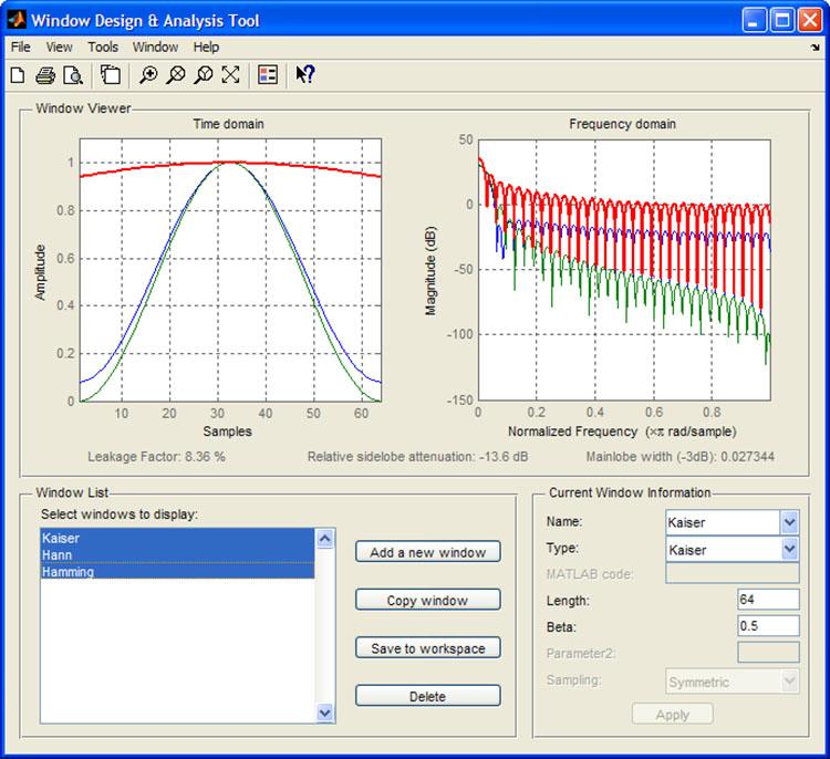 Window Design and Analysis Tool (WinTool) with time-domain and frequency-domain plots of Hamming, Hann, and Kaiser windows. Resources Product Details, Examples, and System Requirements www.mathworks.