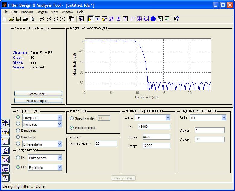 Filter Design and Analysis Tool (FDATool) showing magnitude response, filter order, and stability information for a lowpass FIR filter.