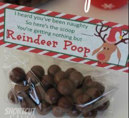 Reindeer poop Snack size bags Whoppers or chocolate covered raisins Folded topper label