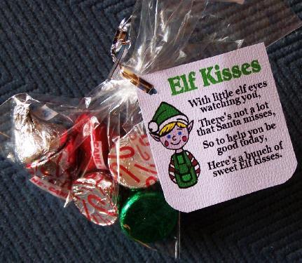 Staple topper over bag opening Snack size bags Hershey kisses Twist tie Label Elf Kisses 1.