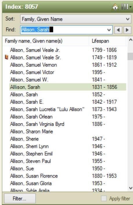 Next you go to the PEOPLE tab in FTM program and review the pedigree section of the screen. In this case we are looking for hints about Sarah Allison and her husband Simon Rundel.