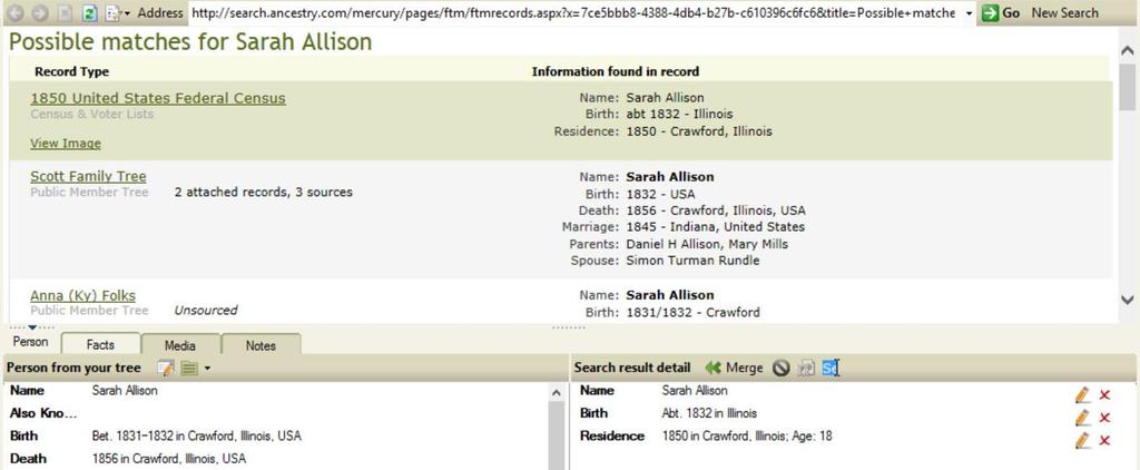 Once you have clicked on the leaf for Sarah Allison, you are whisked away into the Web Search section of FTM program which is connected to Ancestry.