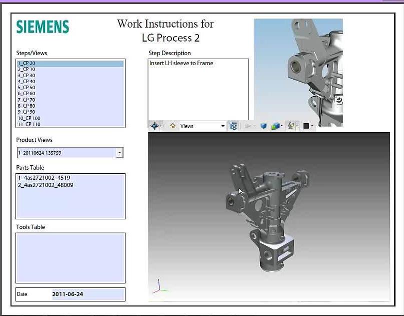 are fully animated, describing the sequence of assembly steps generated directly from the manufacturing process plan in Teamcenter.