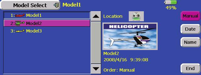 1. Open [Model Type] of the Linkage Menu. 2. When the [Sort] button is pressed, the model data display order can be changed. Name order mode 1.