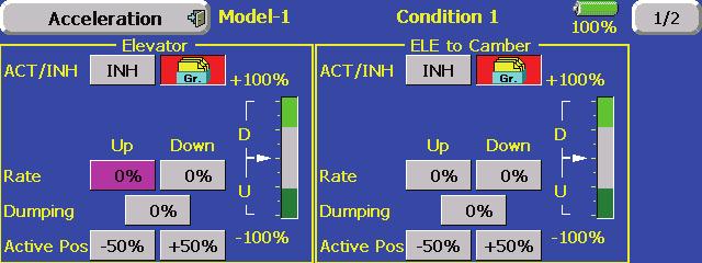 Acceleration Acceleration setting can be performed at elevator, ELE to CAMBER and AILERON to RUDDER. (Glider and EP glider only) This setting is divided into elevator setting and camber setting.