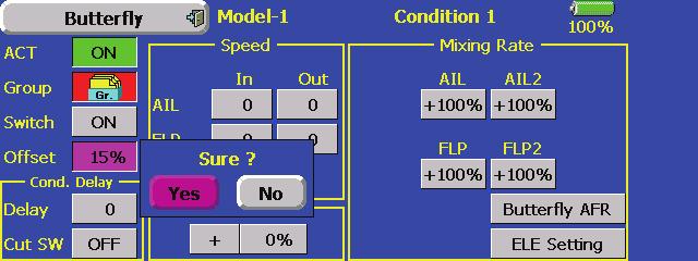 The acceleration function can be set for both the UP side and DOWN side. Function ON/OFF switch setting is performed for AILERON to RUDDER setting only.