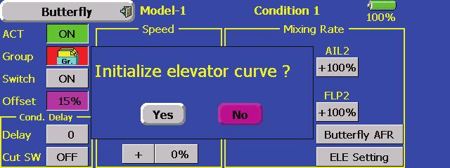 2. When YES is selected when Initialize elevator curve? was displayed, the elevator setting curve is initialized. 3. When the ELE setting screen is opened, the curve is initialized.