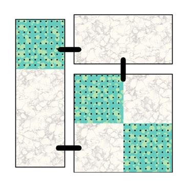 Cutting WOF=width of fabric Fabric A, cut: (28) 2 1 2 x WOF (6.35cm x WOF); sub-cut (160) 2 1 2 x 4 1 2 (6.35cm x 11.43cm) rectangles and (160) 2 1 2 (6.35cm) squares (18) 2 7 8 x WOF (7.