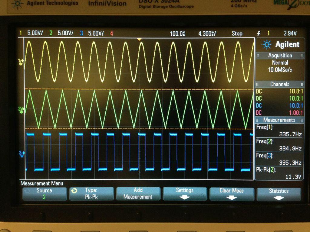Figure 15 - VCO Waveforms Although the ADSR did not function as expected, given the unpredictable trigger from the keyboard, it did function properly with a pulse sent from